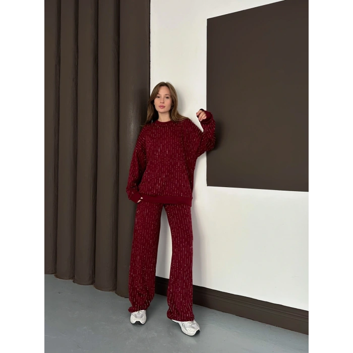 Taşlı Detaylı Modal Takım Bordo