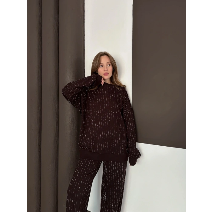 Taşlı Detaylı Modal Takım Kahverengi