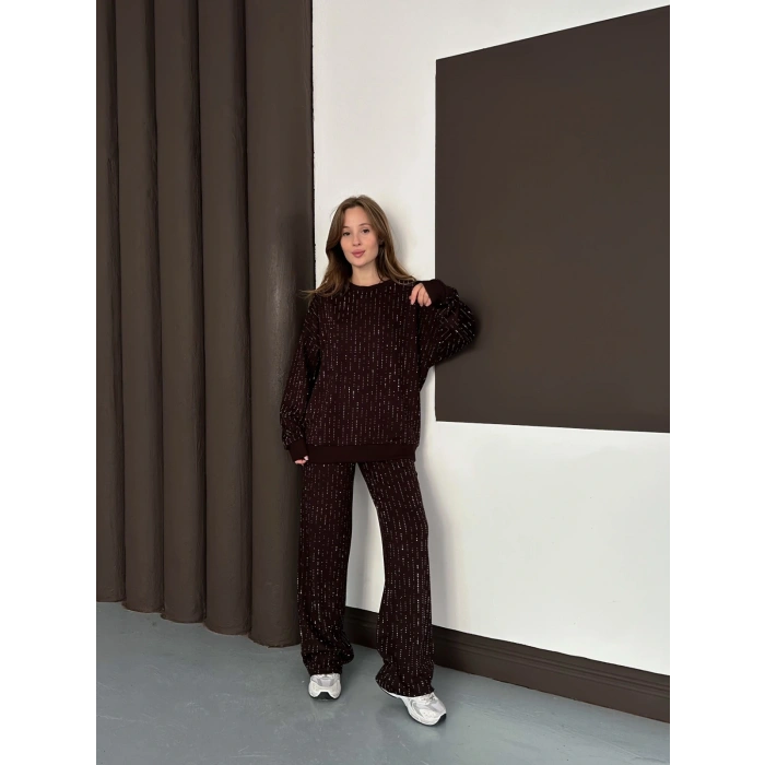 Taşlı Detaylı Modal Takım Kahverengi