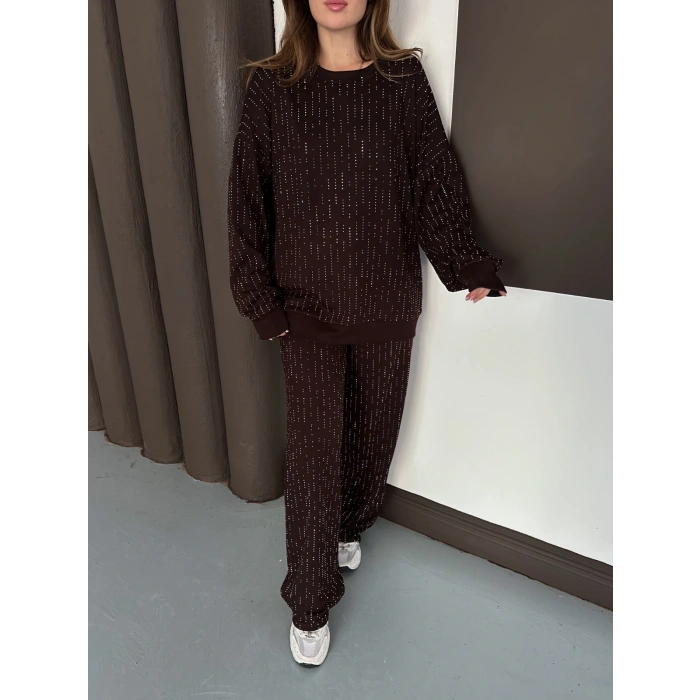 Taşlı Detaylı Modal Takım Kahverengi