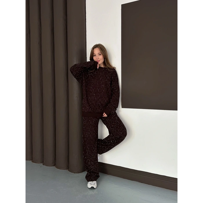 Taşlı Detaylı Modal Takım Kahverengi