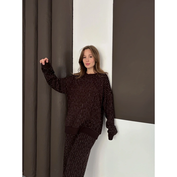 Taşlı Detaylı Modal Takım Kahverengi