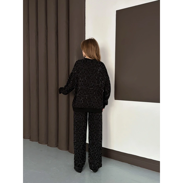 Taşlı Detaylı Modal Takım Siyah