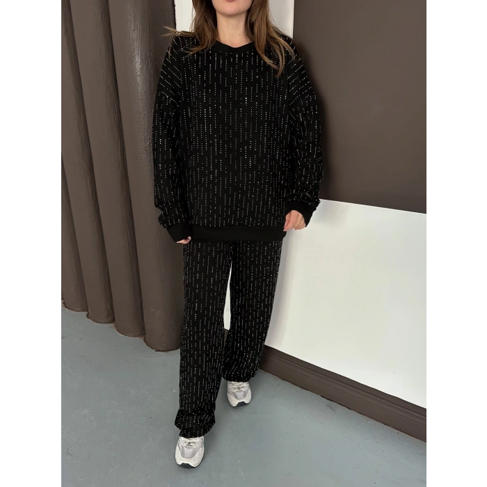 Taşlı Detaylı Modal Takım Siyah