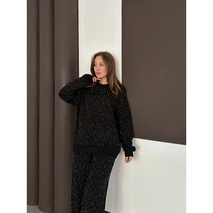 Taşlı Detaylı Modal Takım Siyah