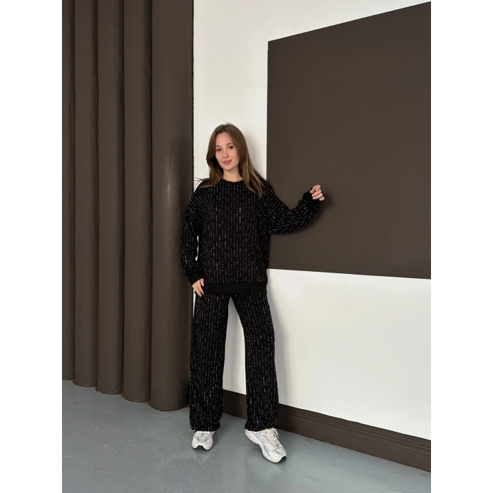 Taşlı Detaylı Modal Takım Siyah