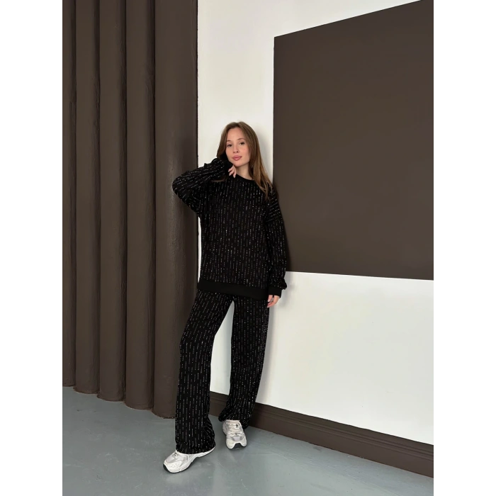 Taşlı Detaylı Modal Takım Siyah