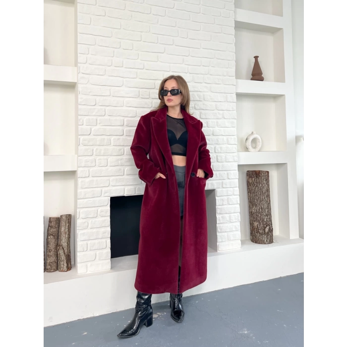 Tek Düğme Detay Yumoş Kaban Bordo