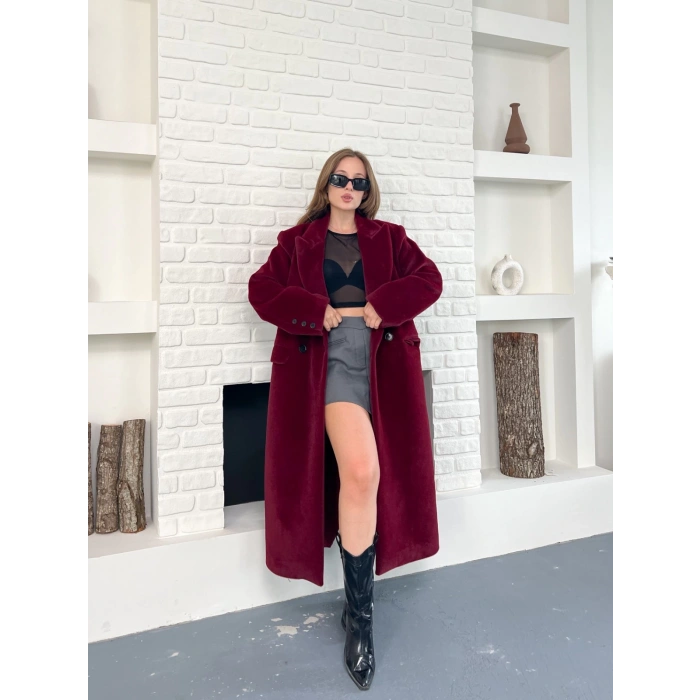 Tek Düğme Detay Yumoş Kaban Bordo