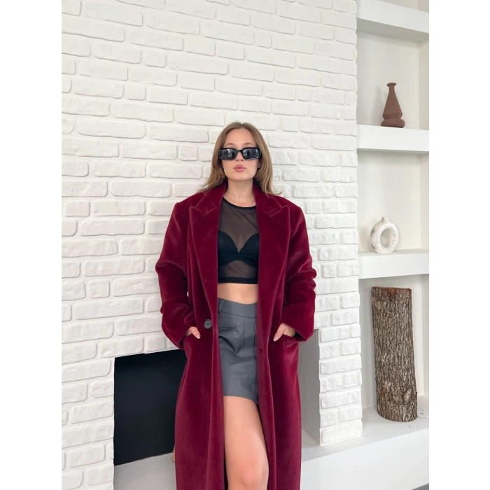 Tek Düğme Detay Yumoş Kaban Bordo