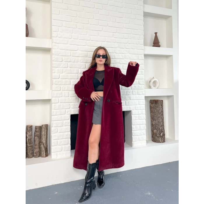 Tek Düğme Detay Yumoş Kaban Bordo