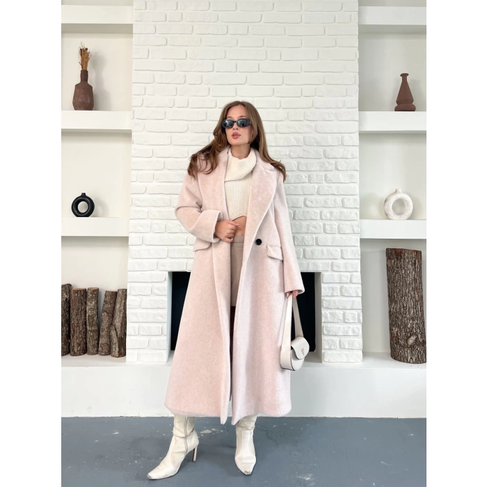 Tek Düğme Detay Yumoş Kaban Pudra Pembe