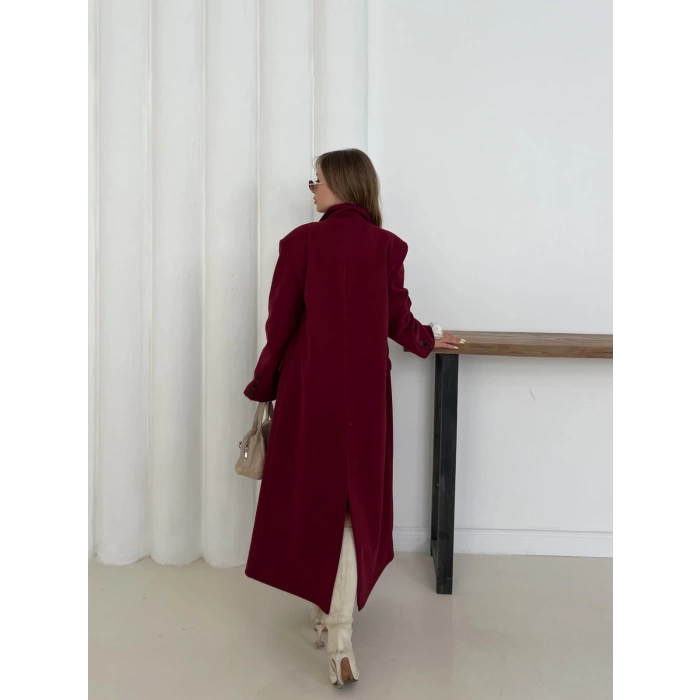 Tek Düğme Detaylı Kaşe Kaban Bordo