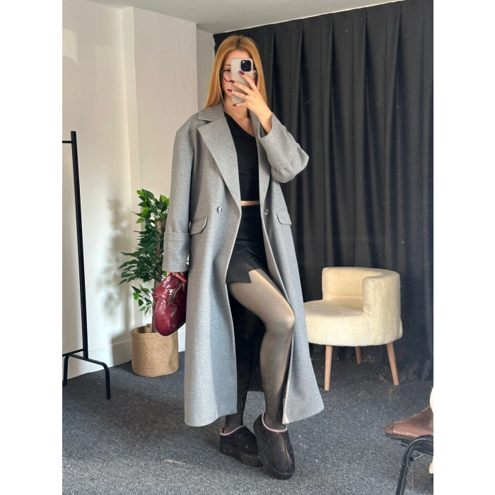 Tek Düğme Detaylı Kaşe Kaban Gri