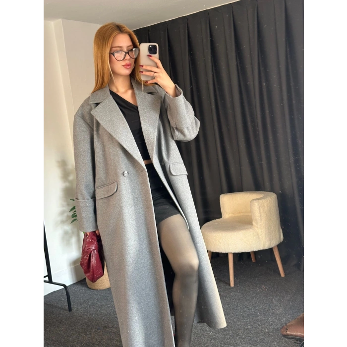 Tek Düğme Detaylı Kaşe Kaban Gri