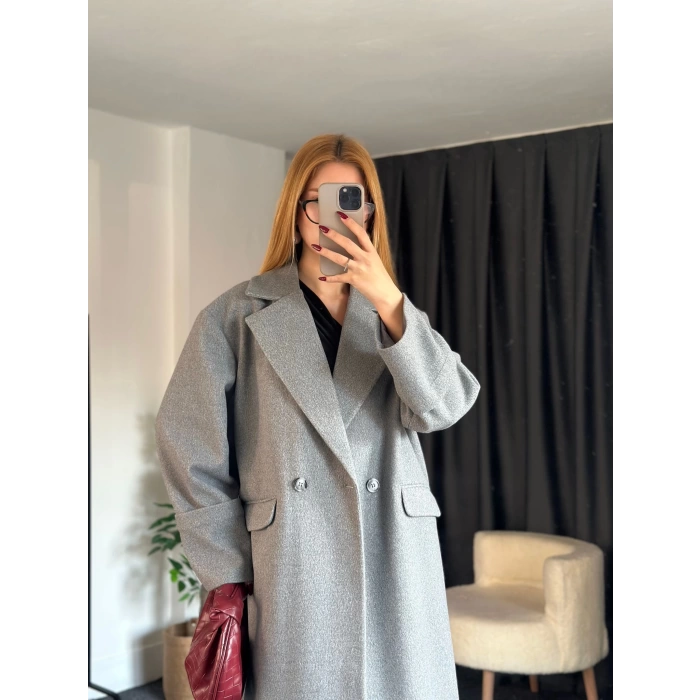 Tek Düğme Detaylı Kaşe Kaban Gri