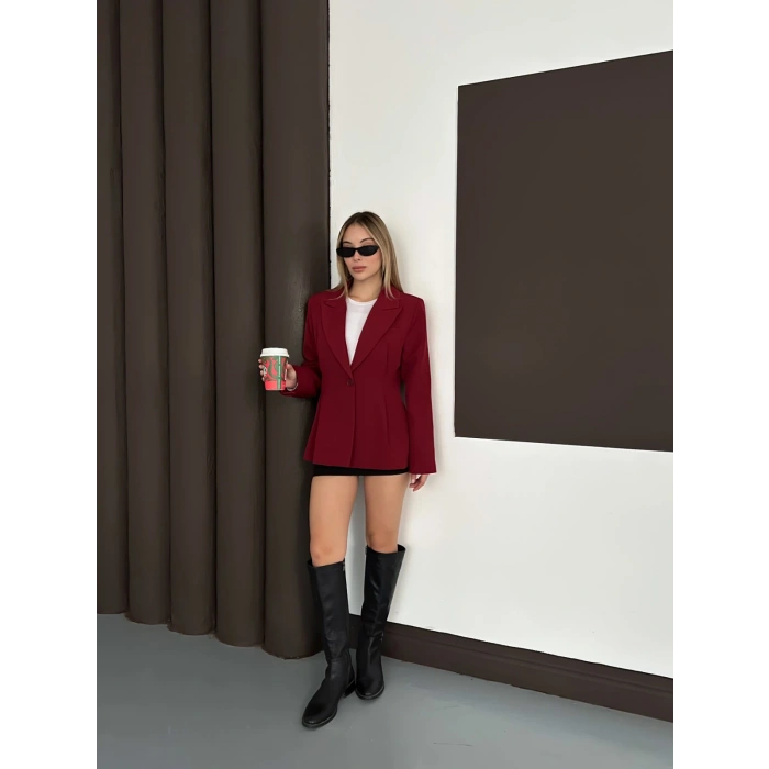 Tek Düğme Kruvaze Blazer Ceket Bordo