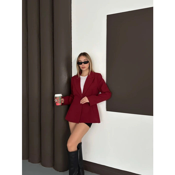 Tek Düğme Kruvaze Blazer Ceket Bordo