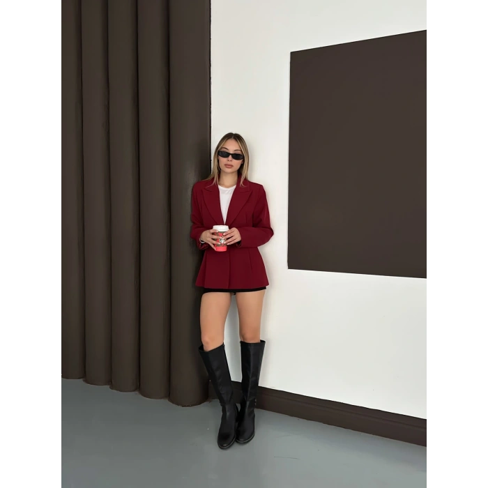 Tek Düğme Kruvaze Blazer Ceket Bordo