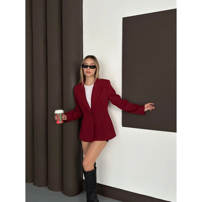 Tek Düğme Kruvaze Blazer Ceket Bordo