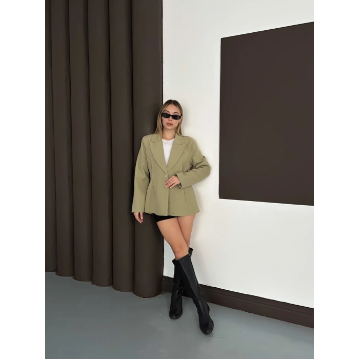 Tek Düğme Kruvaze Blazer Ceket Haki