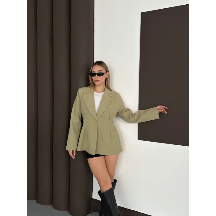 Tek Düğme Kruvaze Blazer Ceket Haki