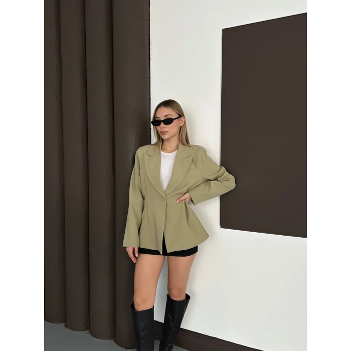 Tek Düğme Kruvaze Blazer Ceket Haki