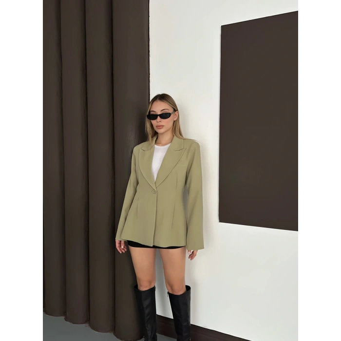 Tek Düğme Kruvaze Blazer Ceket Haki