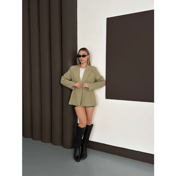 Tek Düğme Kruvaze Blazer Ceket Haki