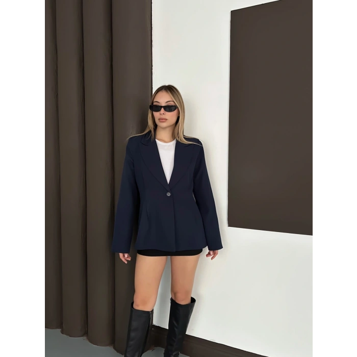 Tek Düğme Kruvaze Blazer Ceket Lacivert