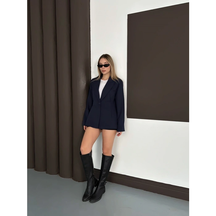 Tek Düğme Kruvaze Blazer Ceket Lacivert