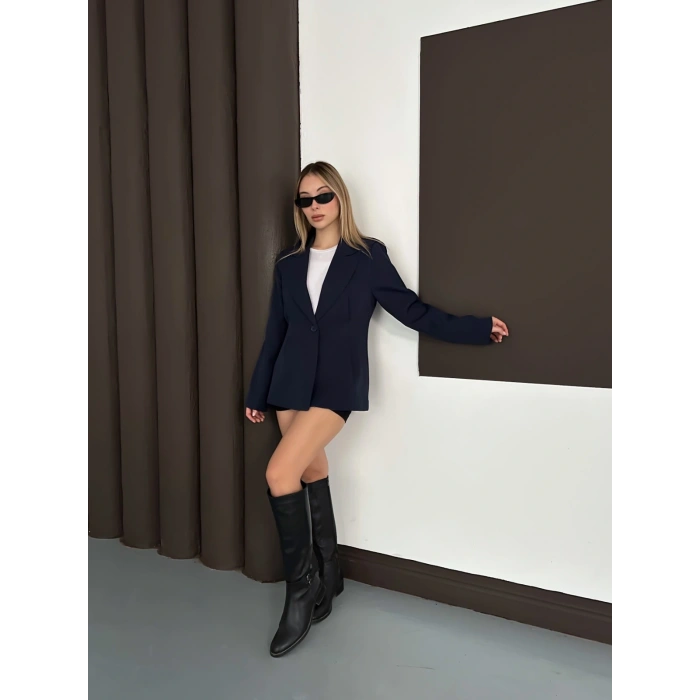 Tek Düğme Kruvaze Blazer Ceket Lacivert