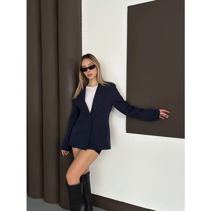 Tek Düğme Kruvaze Blazer Ceket Lacivert