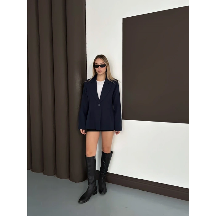 Tek Düğme Kruvaze Blazer Ceket Lacivert