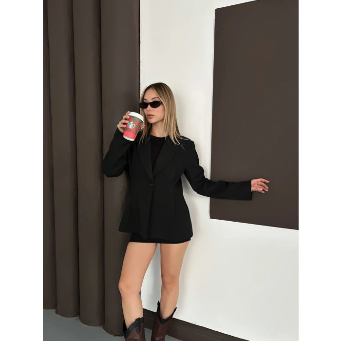 Tek Düğme Kruvaze Blazer Ceket Siyah