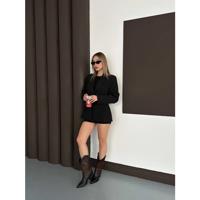 Tek Düğme Kruvaze Blazer Ceket Siyah