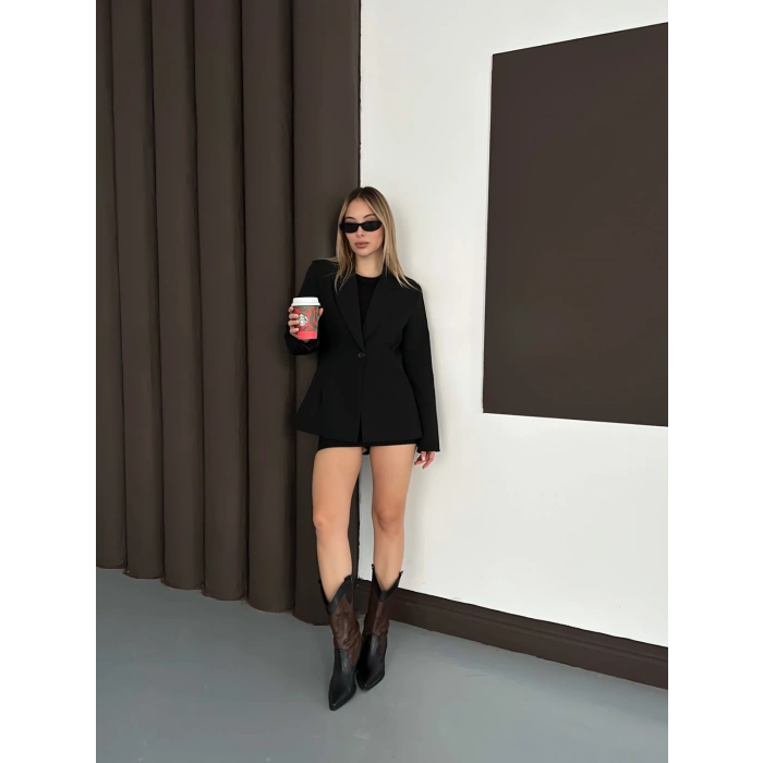 Tek Düğme Kruvaze Blazer Ceket Siyah
