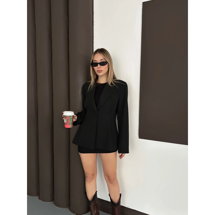 Tek Düğme Kruvaze Blazer Ceket Siyah