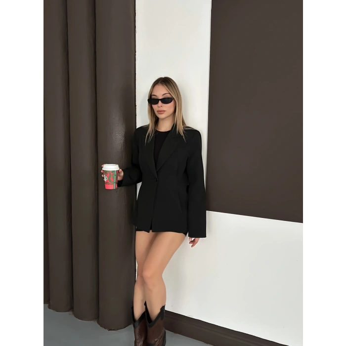 Tek Düğme Kruvaze Blazer Ceket Siyah