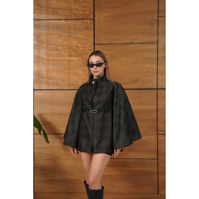 Tek Düğme Yaka Kemer Detaylı Panço