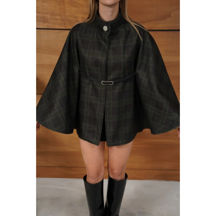 Tek Düğme Yaka Kemer Detaylı Panço