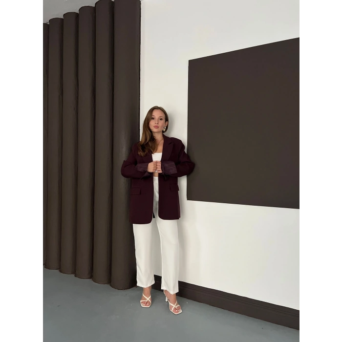 Tek Düğmeli Astar Detaylı Ceket Bordo