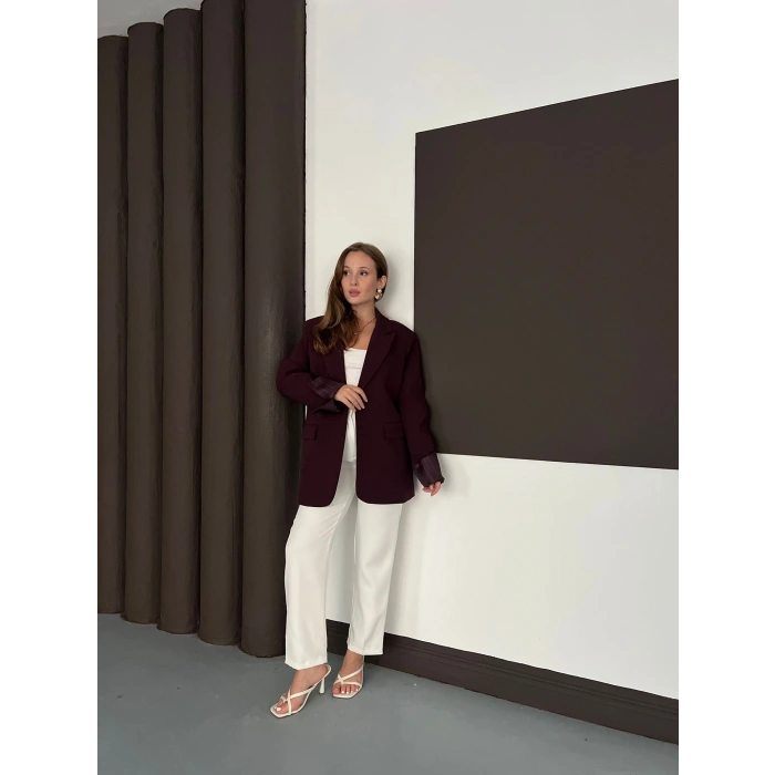 Tek Düğmeli Astar Detaylı Ceket Bordo