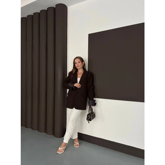 Tek Düğmeli Astar Detaylı Ceket Kahverengi