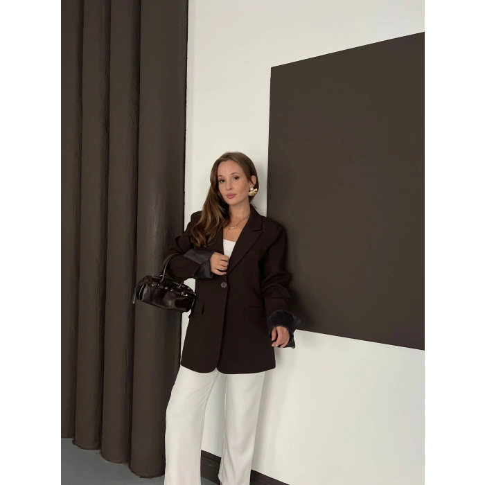 Tek Düğmeli Astar Detaylı Ceket Kahverengi