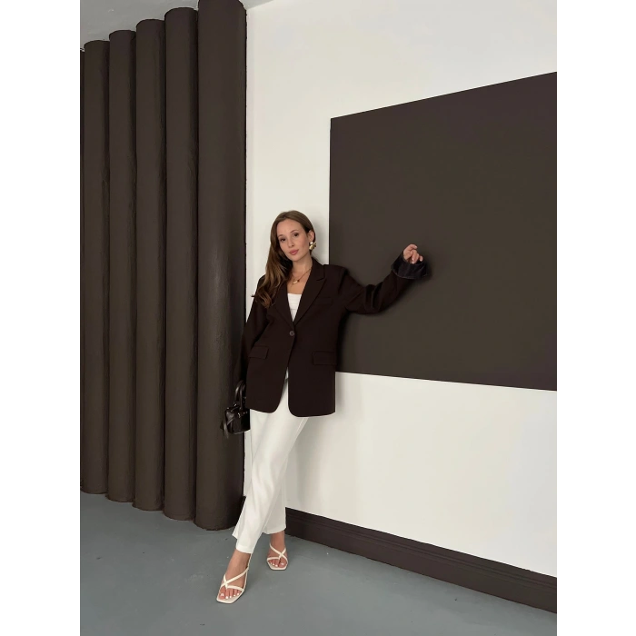 Tek Düğmeli Astar Detaylı Ceket Kahverengi