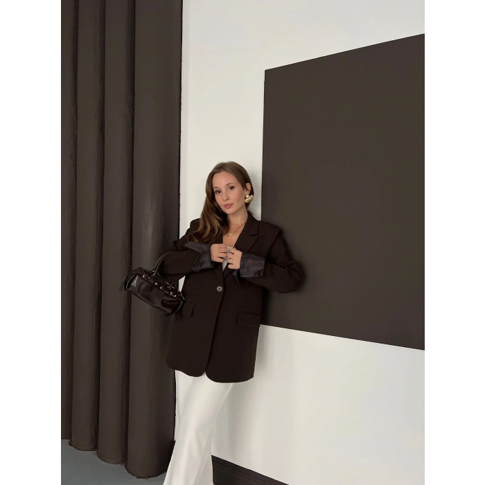 Tek Düğmeli Astar Detaylı Ceket Kahverengi