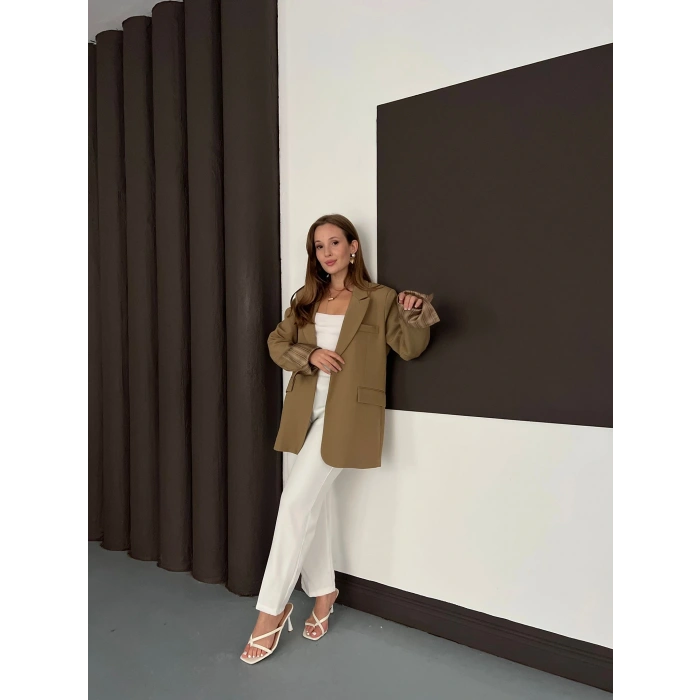 Tek Düğmeli Astar Detaylı Ceket Yağ Yeşili