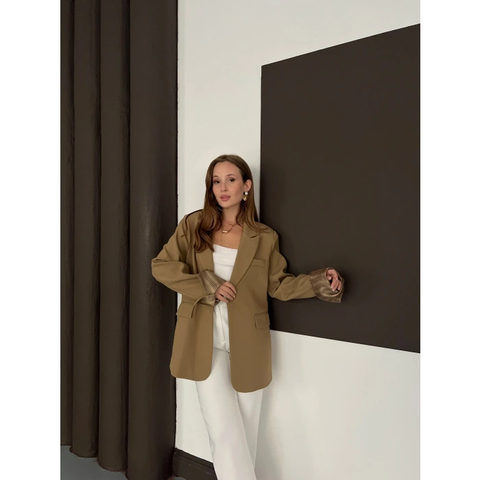 Tek Düğmeli Astar Detaylı Ceket Yağ Yeşili