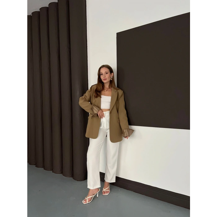 Tek Düğmeli Astar Detaylı Ceket Yağ Yeşili